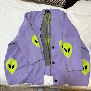 Dressed in LALA Purple Cardigan with Neon Green Alien Design
